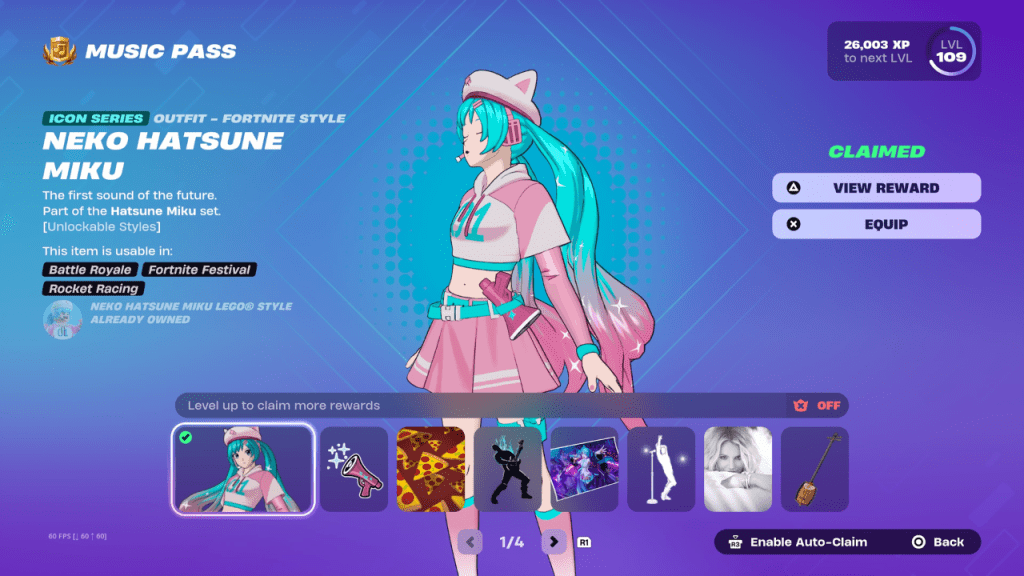 Neko Hatsune Miku Skin in de Fortnite Festival Seizoen 7 Music Pass