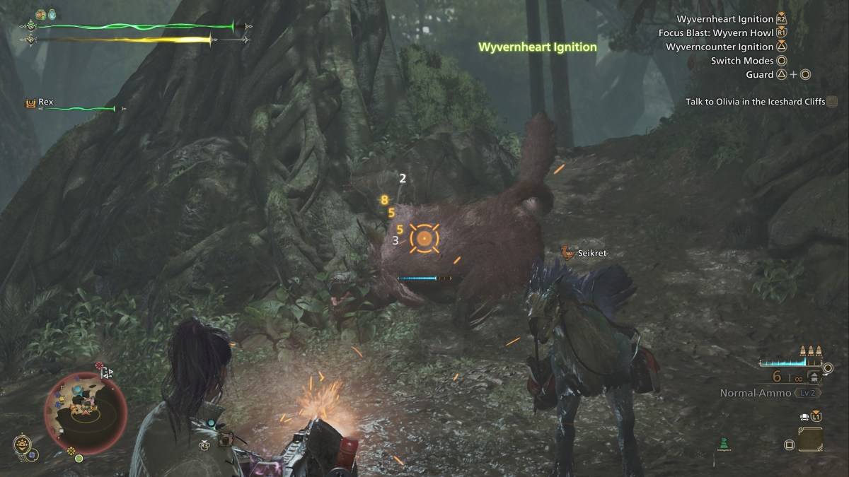 Um caçador em Monster Hunter Wilds usando a pistola pesada contra um Congalala