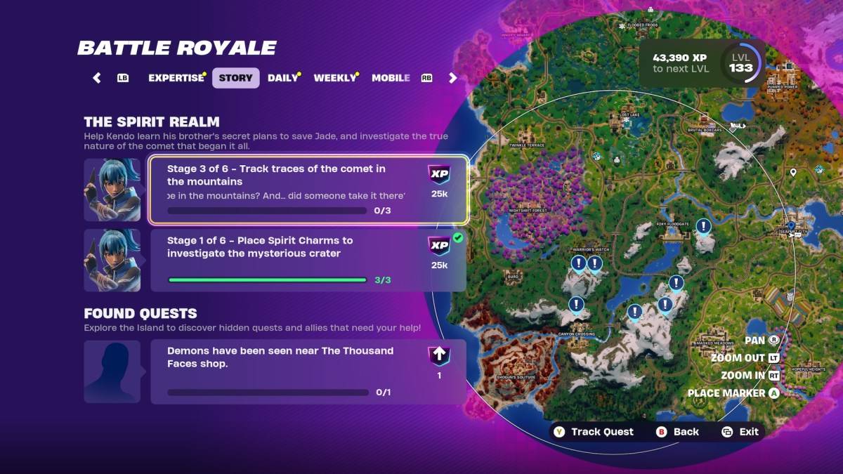 Mapas de mapa para trazas del cometa en Fortnite.