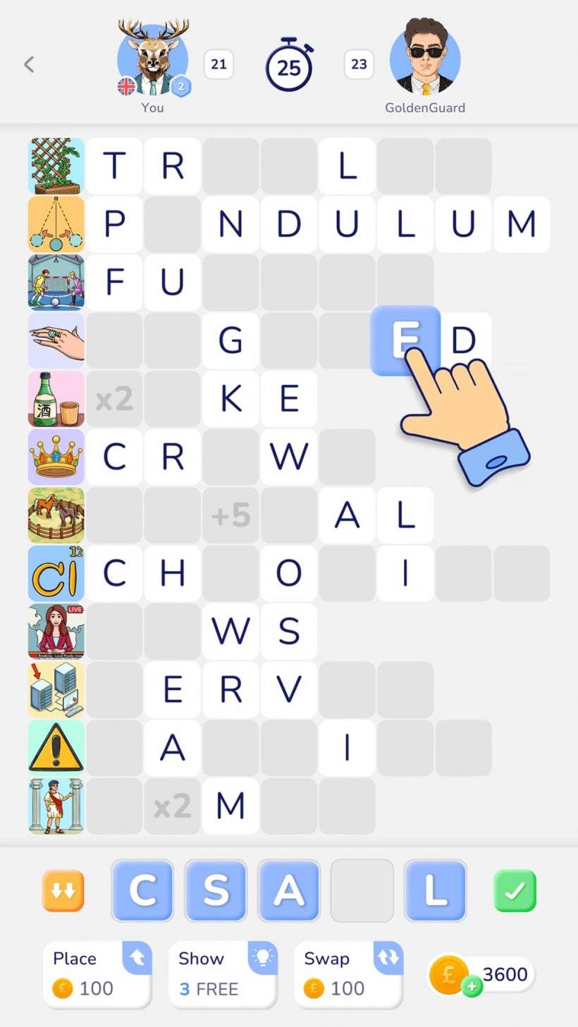 Une capture d'écran du gameplay de type Sudoku de WordPix avec quelqu'un devine des mots basés sur de petites icônes et des lettres révélées