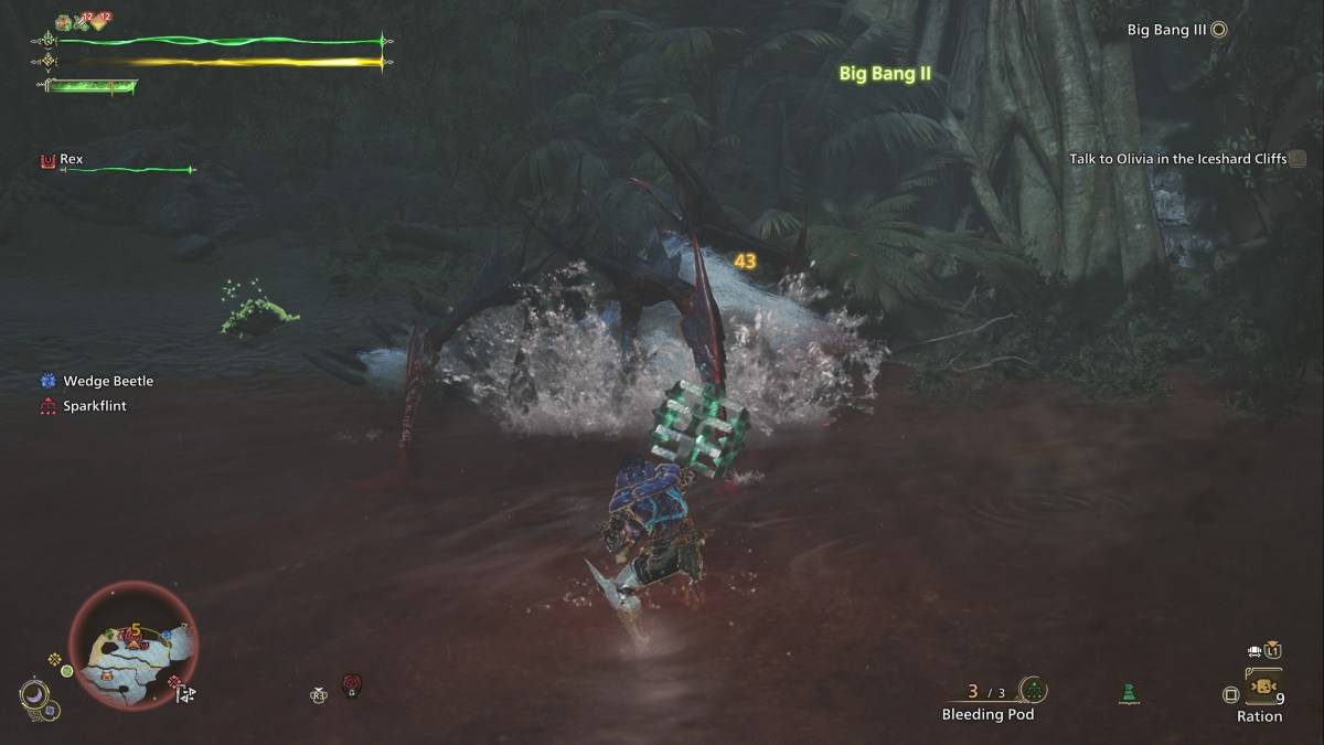 Isang mangangaso sa Monster Hunter Wilds, gamit ang isang Stun Hammer upang salakayin ang isang Lala Barina