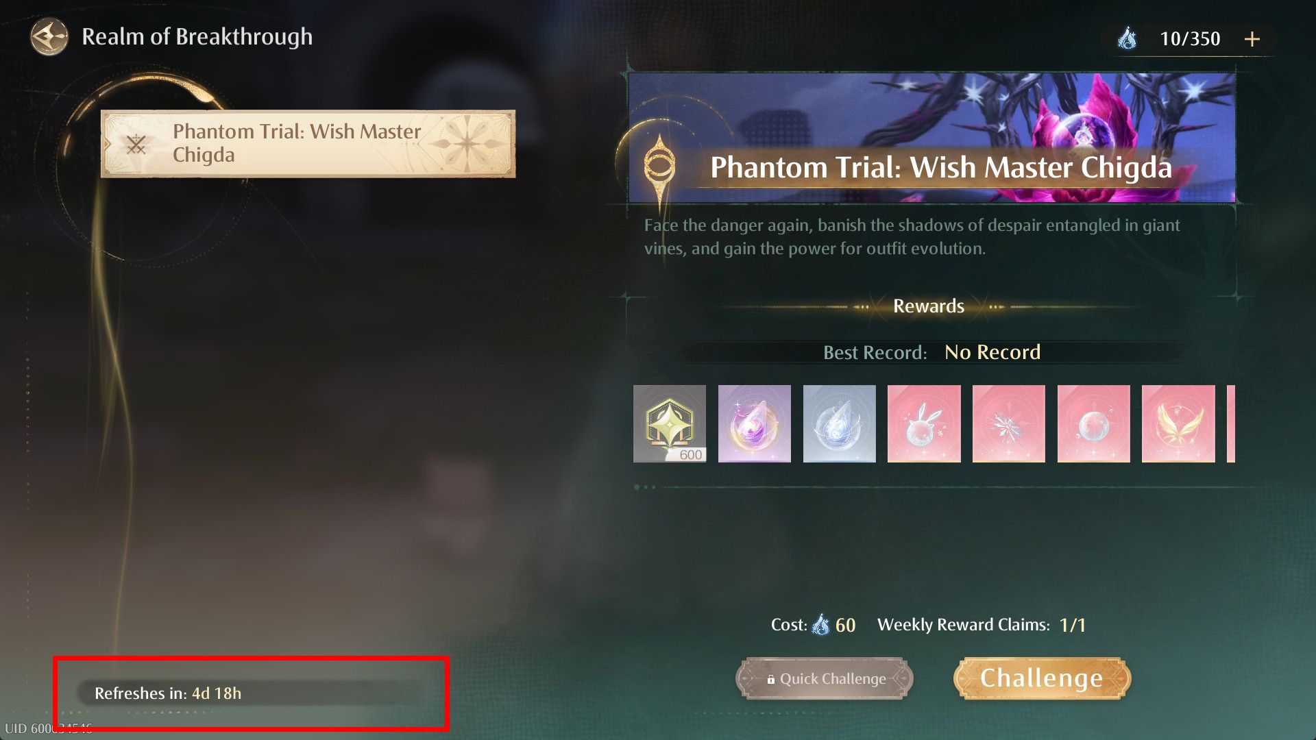 Image: Screenshot showing Realm of Breakthrough reset timer
