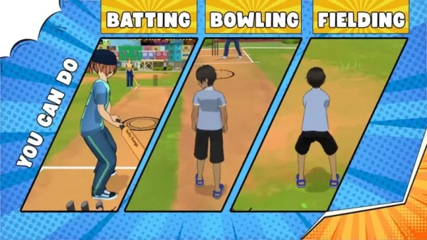 Gully Gangs Spielszenen mit Cricket-Action wie Batting, Bowling und dynamischen Fielding-Bewegungen